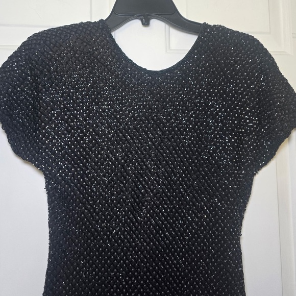 Carmen Marc Valvo Black Beaded Dress SS Size XS Deep V Back Shoulder Pads EUC - Picture 3 of 7